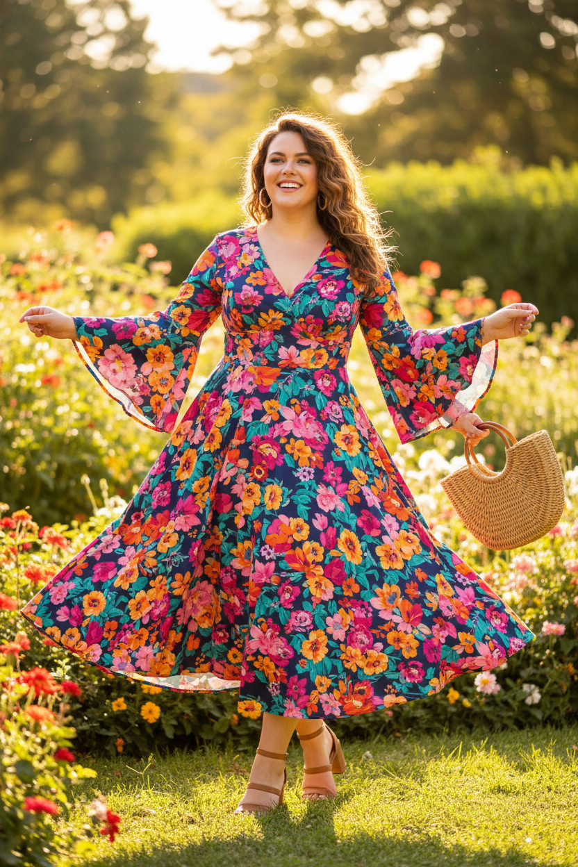 Confident plus-size woman wearing a vibrant floral flare sleeve dress in a sunny garden setting